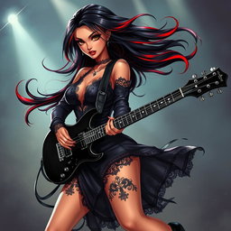A charismatic Latina vampire rockstar with mesmerizing brown eyes, long flowing dark hair featuring bold red highlights, and a glowing tan complexion