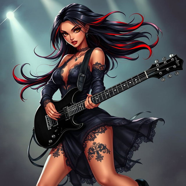 A charismatic Latina vampire rockstar with mesmerizing brown eyes, long flowing dark hair featuring bold red highlights, and a glowing tan complexion