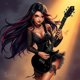 A charismatic Latina vampire rockstar with mesmerizing brown eyes, long flowing dark hair featuring bold red highlights, and a glowing tan complexion