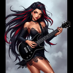 A charismatic Latina vampire rockstar with mesmerizing brown eyes, long flowing dark hair adorned with vibrant red highlights, and a beautiful tan complexion