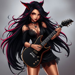 A charismatic Latina vampire rockstar with mesmerizing brown eyes, long flowing dark hair adorned with vibrant red highlights, and a beautiful tan complexion