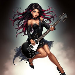 A charismatic Latina vampire rockstar with mesmerizing brown eyes, long flowing dark hair adorned with vibrant red highlights, and a beautiful tan complexion