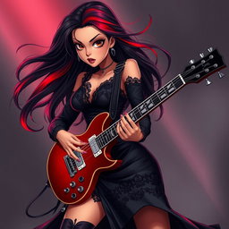 A charismatic Latina vampire rockstar with mesmerizing brown eyes, long flowing dark hair adorned with vibrant red highlights, and a beautiful tan complexion