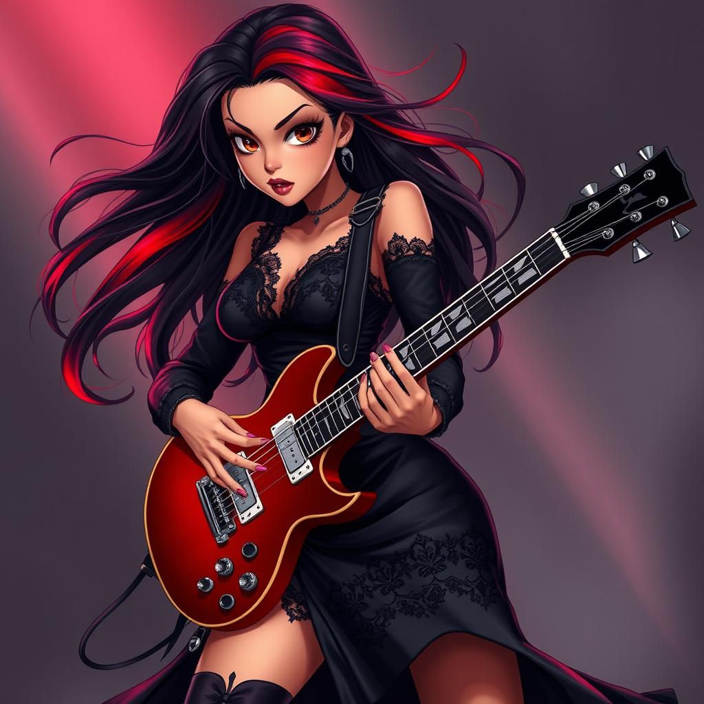 A charismatic Latina vampire rockstar with mesmerizing brown eyes, long flowing dark hair adorned with vibrant red highlights, and a beautiful tan complexion