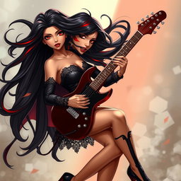 A charismatic Latina vampire rockstar with mesmerizing brown eyes, long flowing dark hair featuring bold red highlights, and a radiant tan complexion