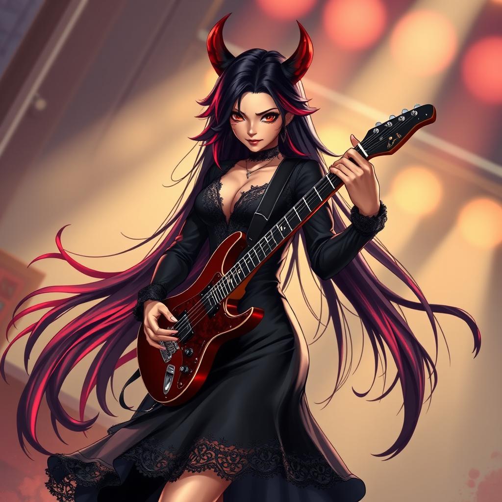 A charismatic Latina vampire rockstar with mesmerizing brown eyes, long flowing dark hair featuring bold red highlights, and a radiant tan complexion