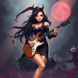 A charismatic Latina vampire rockstar with mesmerizing brown eyes, long flowing dark hair featuring bold red highlights, and a radiant tan complexion