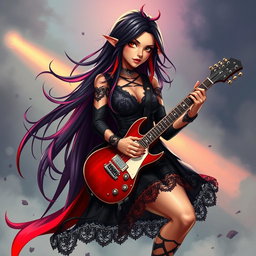 A charismatic Latina vampire rockstar with mesmerizing brown eyes, long flowing dark hair featuring bold red highlights, and a radiant tan complexion