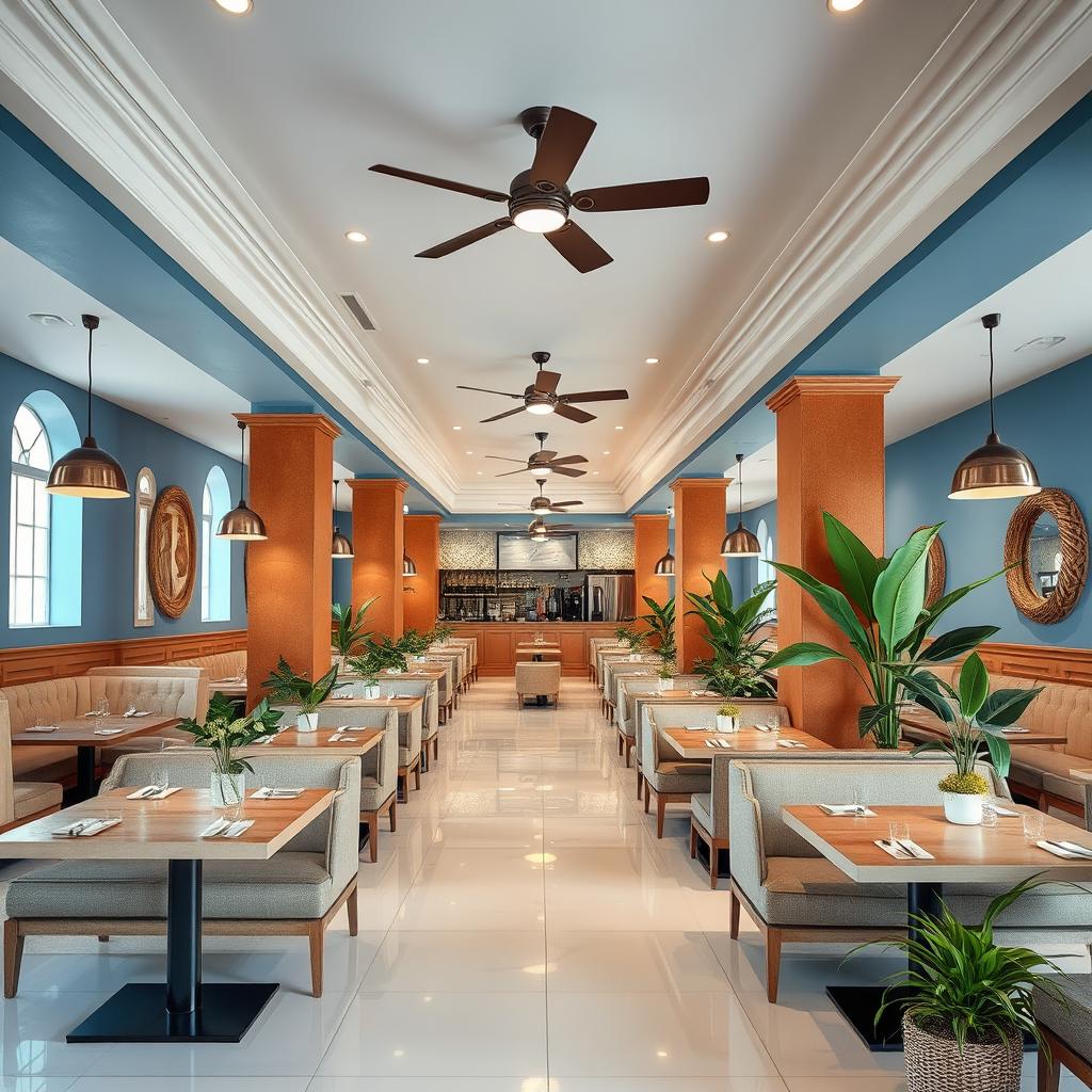 An inviting seafood restaurant interior designed with tables accompanied by comfortable sofas lined up against the walls