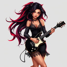 A charismatic Latina vampire rockstar with mesmerizing brown eyes, long flowing dark hair accentuated with striking red highlights, and a sun-kissed tan complexion