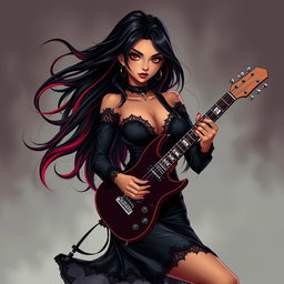 A charismatic Latina vampire rockstar with mesmerizing brown eyes, long flowing dark hair accentuated with striking red highlights, and a sun-kissed tan complexion