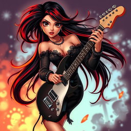 A charismatic Latina vampire rockstar with mesmerizing brown eyes, long flowing dark hair accentuated with striking red highlights, and a sun-kissed tan complexion
