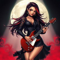 A charismatic Latina vampire rockstar with mesmerizing brown eyes, long flowing dark hair accentuated with striking red highlights, and a sun-kissed tan complexion