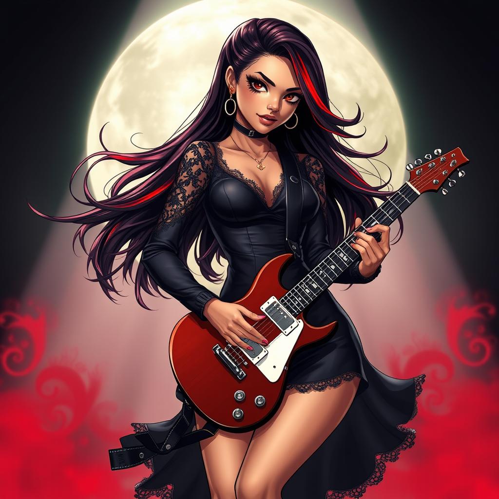A charismatic Latina vampire rockstar with mesmerizing brown eyes, long flowing dark hair accentuated with striking red highlights, and a sun-kissed tan complexion