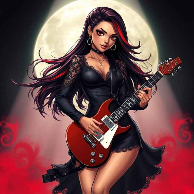 A charismatic Latina vampire rockstar with mesmerizing brown eyes, long flowing dark hair accentuated with striking red highlights, and a sun-kissed tan complexion
