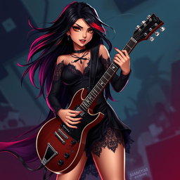 A charismatic Latina vampire rockstar with mesmerizing brown eyes, long flowing dark hair enhanced with striking red highlights, and a radiant tan complexion