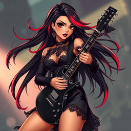 A charismatic Latina vampire rockstar with mesmerizing brown eyes, long flowing dark hair enhanced with striking red highlights, and a radiant tan complexion