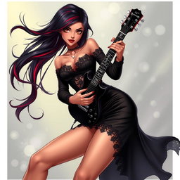 A charismatic Latina vampire rockstar with mesmerizing brown eyes, long flowing dark hair enhanced with striking red highlights, and a radiant tan complexion