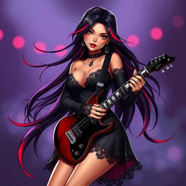 A charismatic Latina vampire rockstar with mesmerizing brown eyes, long flowing dark hair enhanced with striking red highlights, and a radiant tan complexion