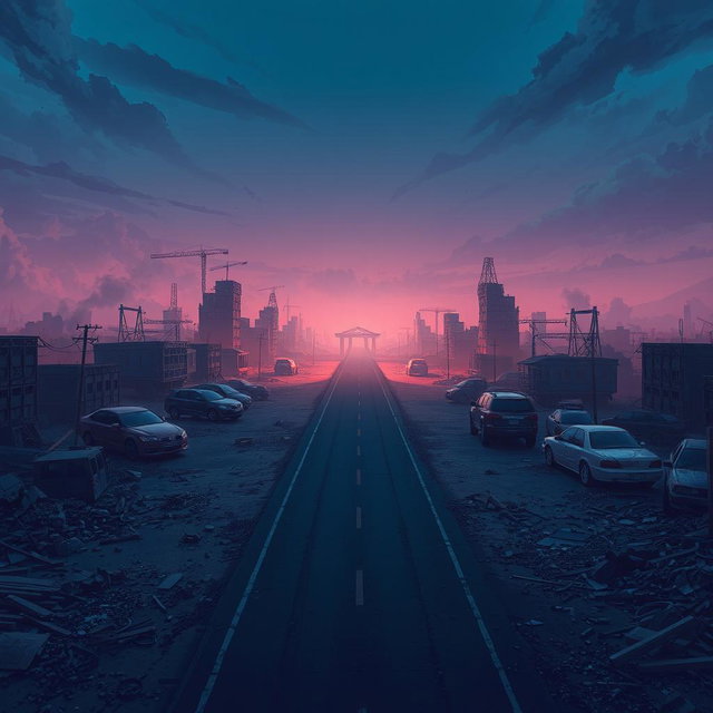 A post-apocalyptic landscape inspired by the animation 'Arcane', rendered in a realistic art style