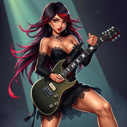A charismatic Latina vampire rockstar with mesmerizing brown eyes, long flowing dark hair highlighted with vibrant red streaks, and a beautiful tan complexion