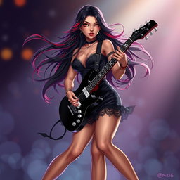 A charismatic Latina vampire rockstar with mesmerizing brown eyes, long flowing dark hair highlighted with vibrant red streaks, and a beautiful tan complexion