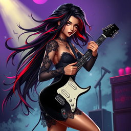 A charismatic Latina vampire rockstar with mesmerizing brown eyes, long flowing dark hair highlighted with vibrant red streaks, and a beautiful tan complexion