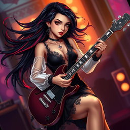 A charismatic Latina vampire rockstar with mesmerizing brown eyes, long flowing dark hair highlighted with vibrant red streaks, and a beautiful tan complexion
