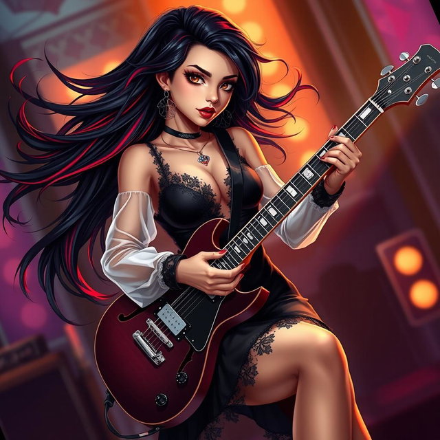 A charismatic Latina vampire rockstar with mesmerizing brown eyes, long flowing dark hair highlighted with vibrant red streaks, and a beautiful tan complexion