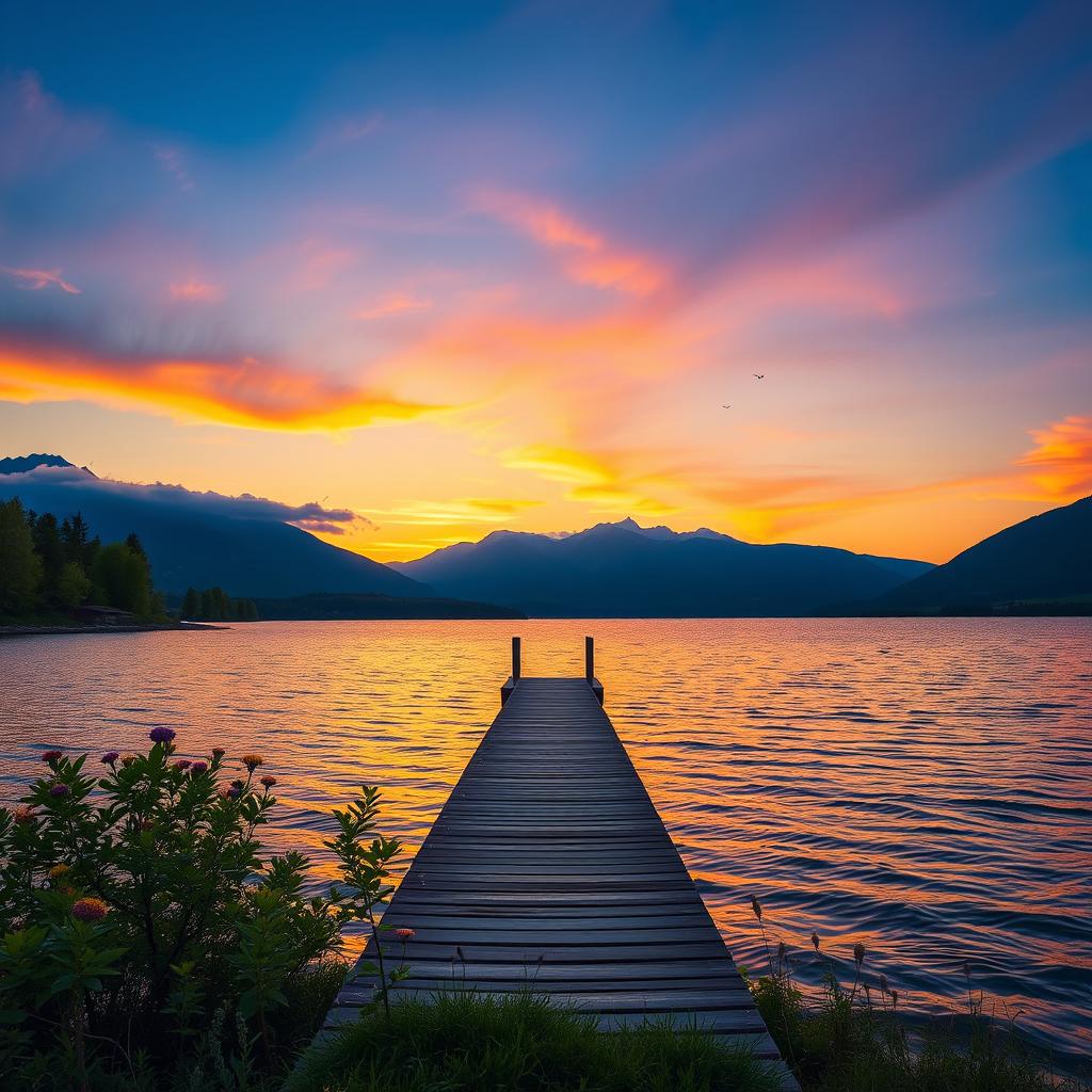 A serene lakeside scene at sunset, featuring a picturesque view of a wooden dock extending into the calm waters