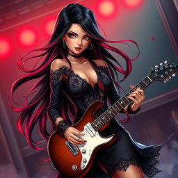 A charismatic Latina vampire rockstar with mesmerizing brown eyes, long flowing dark hair featuring vibrant red highlights, and a beautifully tanned complexion