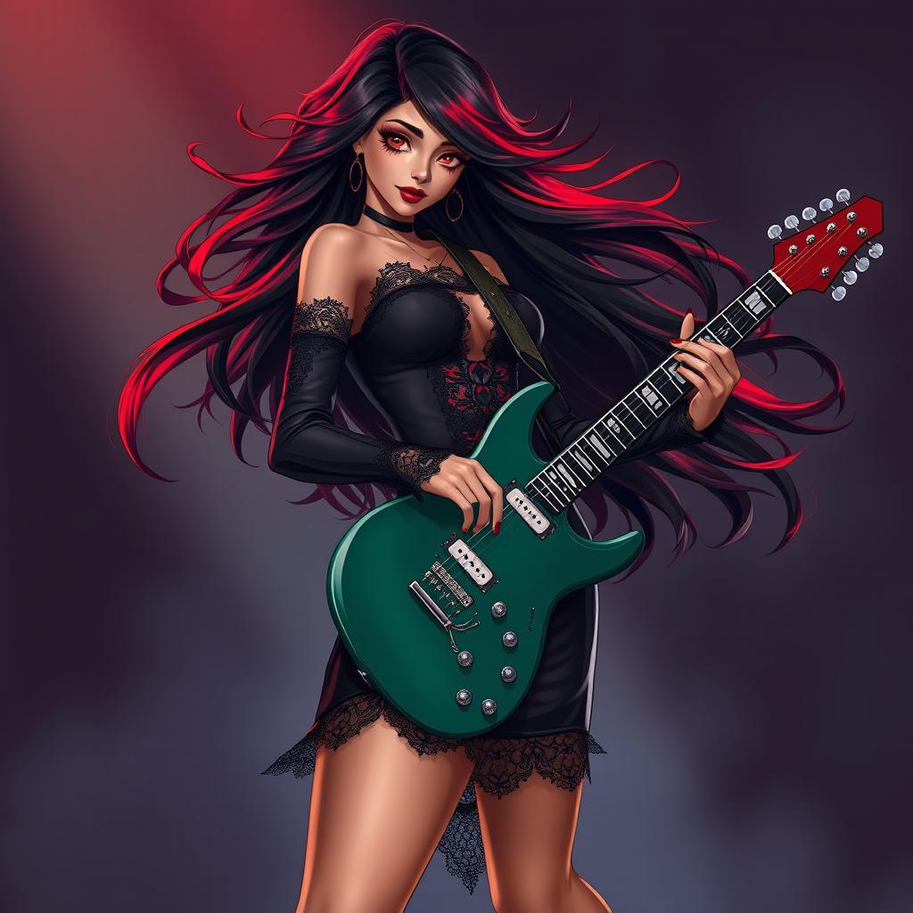 A charismatic Latina vampire rockstar with mesmerizing brown eyes, long flowing dark hair featuring vibrant red highlights, and a beautifully tanned complexion