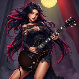 A charismatic Latina vampire rockstar with mesmerizing brown eyes, long flowing dark hair featuring vibrant red highlights, and a beautifully tanned complexion