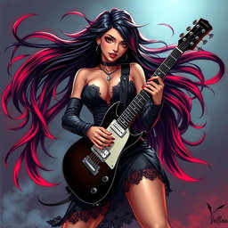 A charismatic Latina vampire rockstar with mesmerizing brown eyes, long flowing dark hair featuring vibrant red highlights, and a beautifully tanned complexion