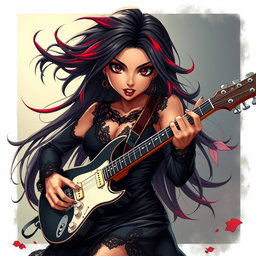 A charismatic Latina vampire rockstar with captivating brown eyes, long flowing dark hair featuring vibrant red highlights, and a glowing tan complexion