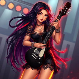 A charismatic Latina vampire rockstar with captivating brown eyes, long flowing dark hair featuring vibrant red highlights, and a glowing tan complexion