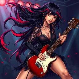 A charismatic Latina vampire rockstar with captivating brown eyes, long flowing dark hair featuring vibrant red highlights, and a glowing tan complexion