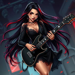 A charismatic Latina vampire rockstar with captivating brown eyes, long flowing dark hair featuring vibrant red highlights, and a glowing tan complexion