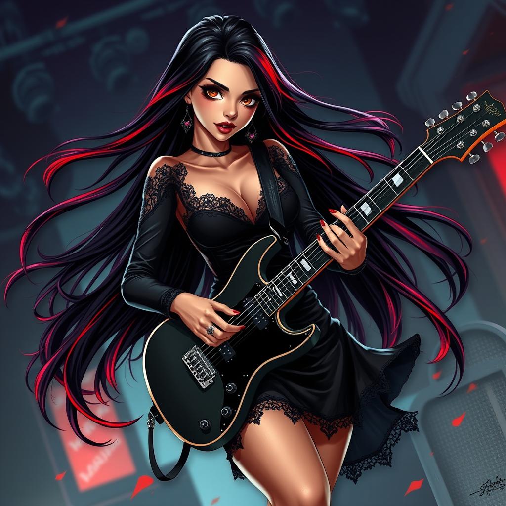 A charismatic Latina vampire rockstar with captivating brown eyes, long flowing dark hair featuring vibrant red highlights, and a glowing tan complexion