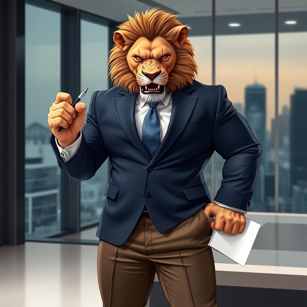 A bulky man with an angry lion's head, dressed in a sharp business suit and tie
