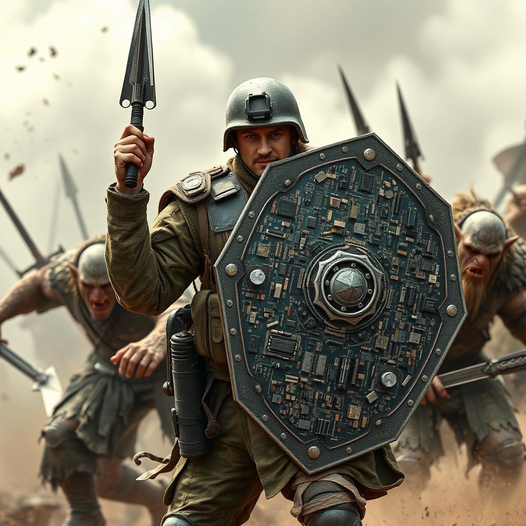 A brave Ukrainian soldier stands valiantly, wielding a shield made intricately from computer motherboards and circuits, showcasing a blend of technology and human spirit