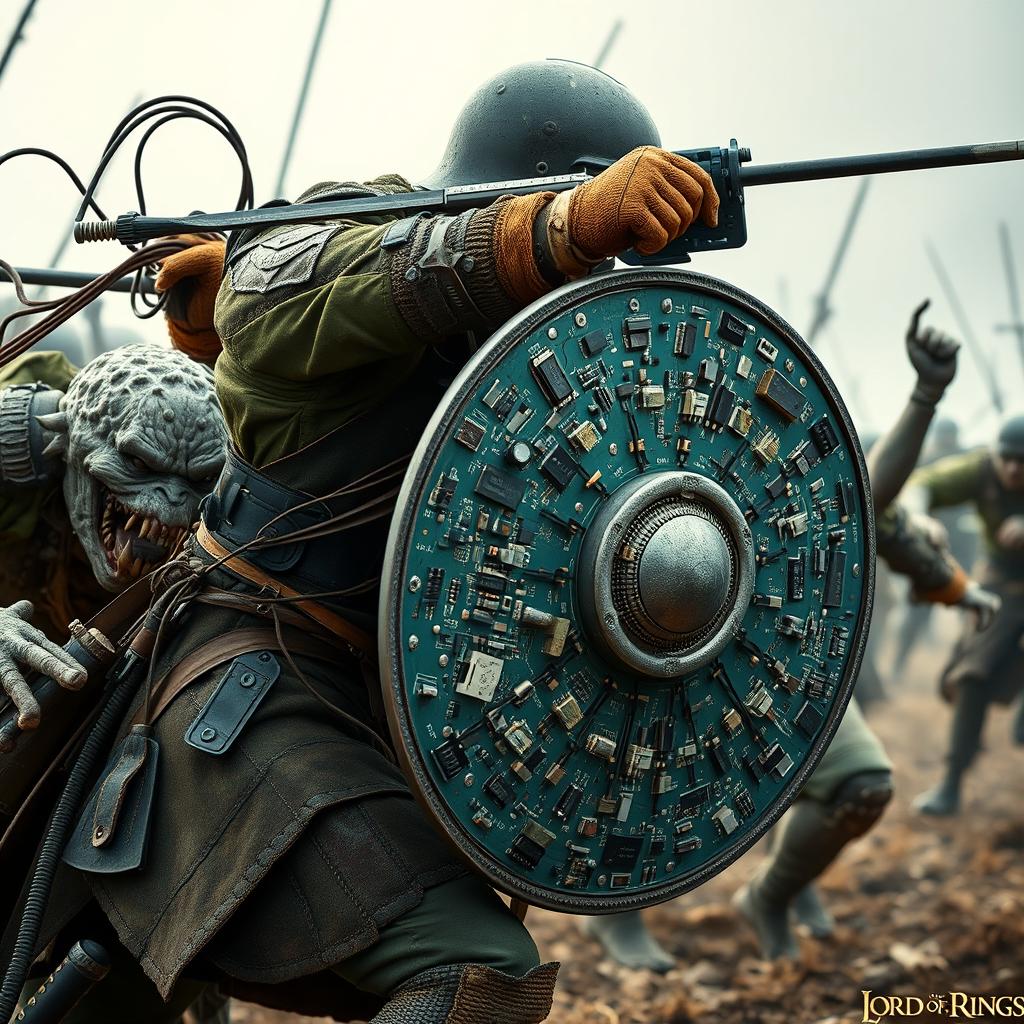 A Ukrainian soldier fiercely defending against attacking orcs from Lord of the Rings
