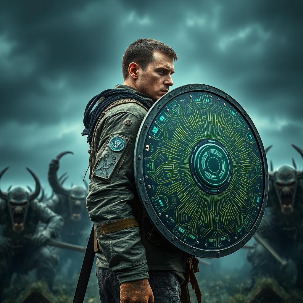 A Ukrainian soldier stands valiantly in a side profile view, using a shield made of computer motherboards and intricate circuits to protect against attacking orcs inspired by 'The Lord of the Rings'