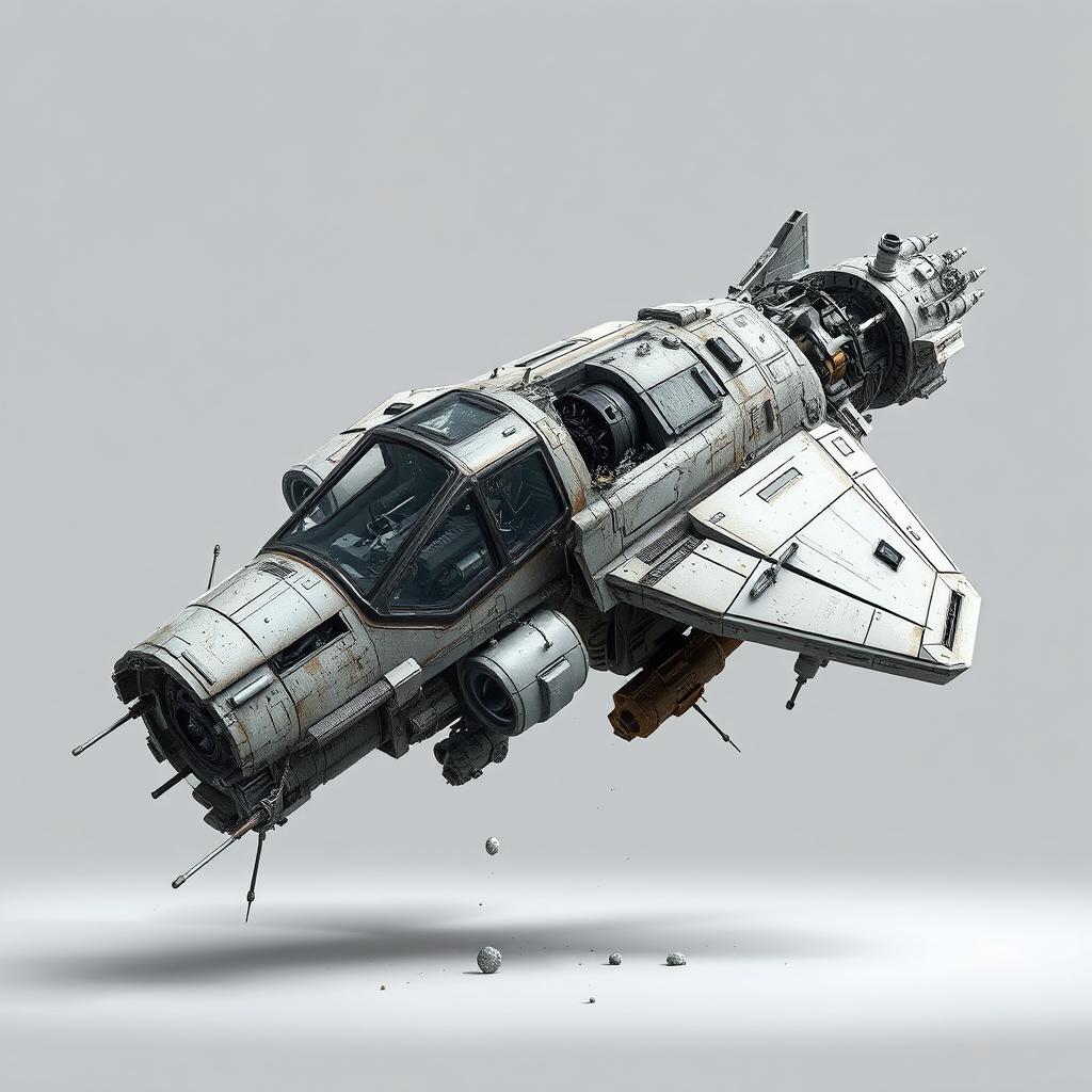 A detailed and realistic depiction of a broken spacecraft, showcasing intricate mechanical components and textures