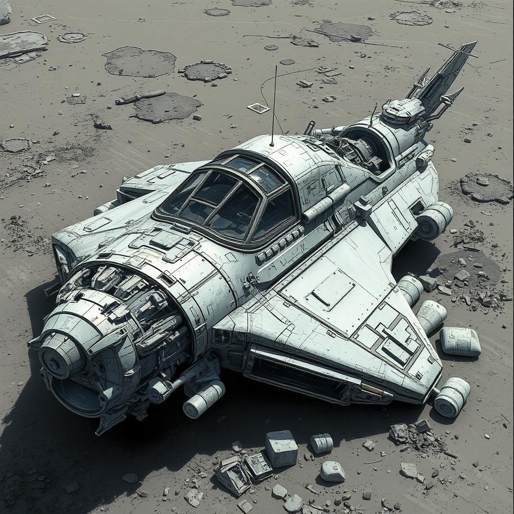 A detailed and realistic depiction of a broken spacecraft grounded on a barren surface, showcasing intricate mechanical components and textures