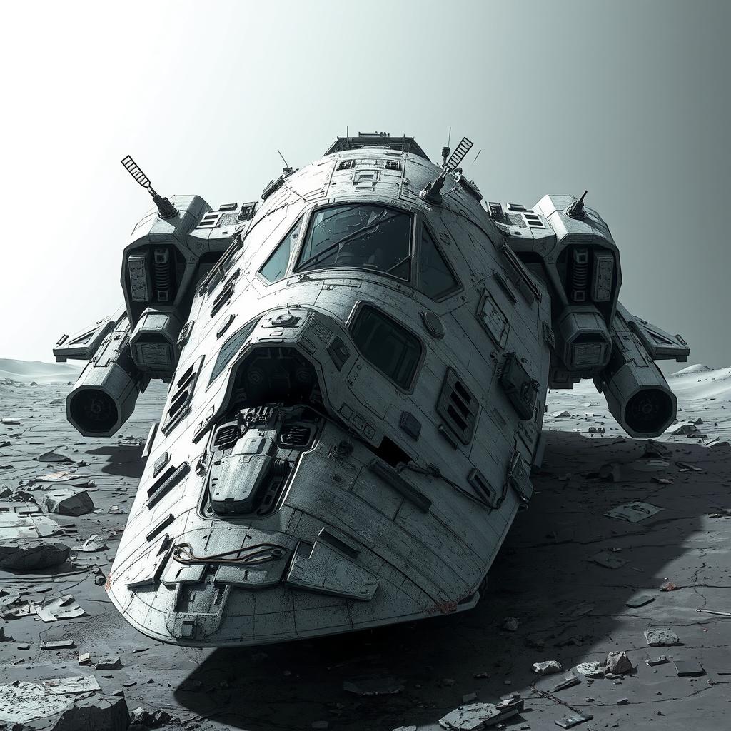 A detailed and realistic depiction of a broken spacecraft grounded on the surface, viewed from a frontal angle