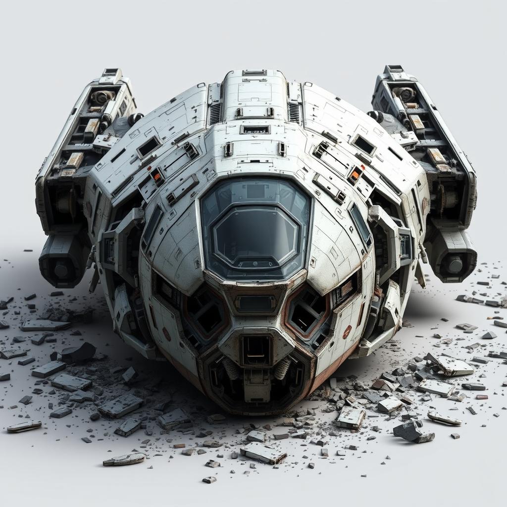 A detailed and realistic depiction of a broken spacecraft viewed from a frontal angle tilted at 45 degrees