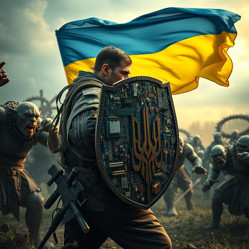 A Ukrainian soldier heroically defending against attacking orcs from Lord of the Rings, using a shield made from computer motherboards and various electronic circuits