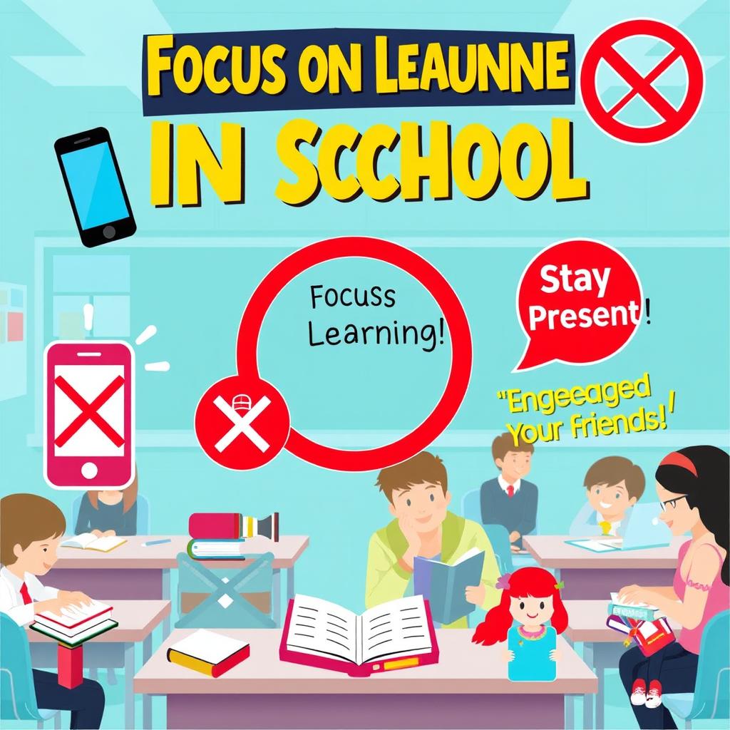 A vibrant and engaging poster design that illustrates the importance of not using mobile phones in school
