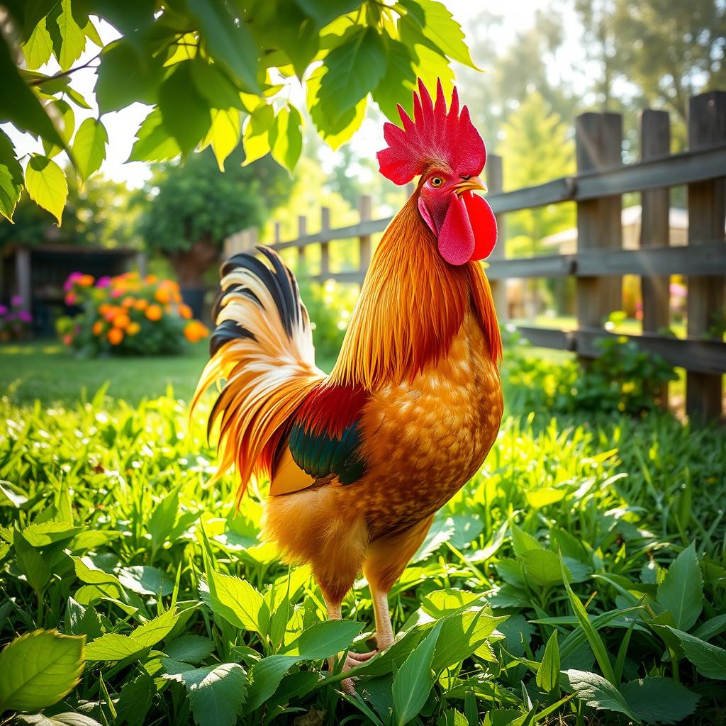A lush green garden setting with a beautiful, vibrant rooster standing proudly